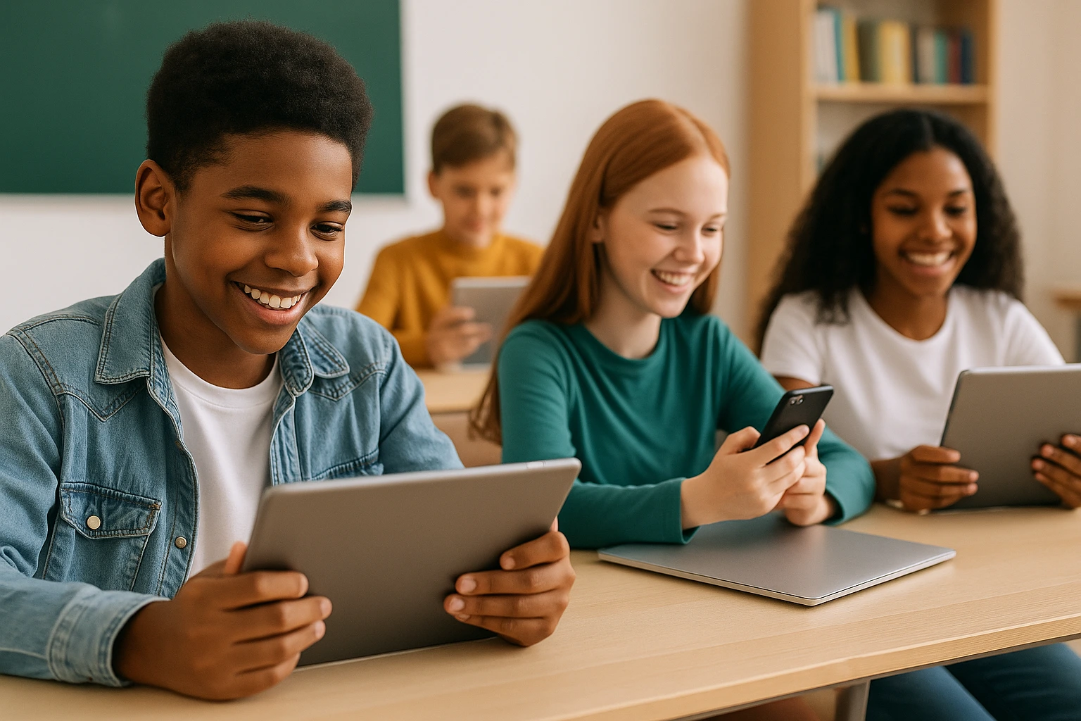 Parents et enseignants discutant autour d'une tablette